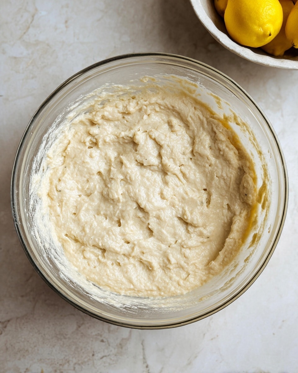 A clear glass bowl is filled with a thick, creamy batter that is pale beige with small lumps and a slightly uneven texture. The batter almost reaches the top edge of the bowl, with some smudges of batter around the inner rim. The bowl sits on a white marbled surface, and in the upper right corner, a part of a white bowl filled with bright yellow lemons is visible. The lighting highlights the moist, dense texture of the batter. photo taken with an iphone --ar 4:5 --v 7