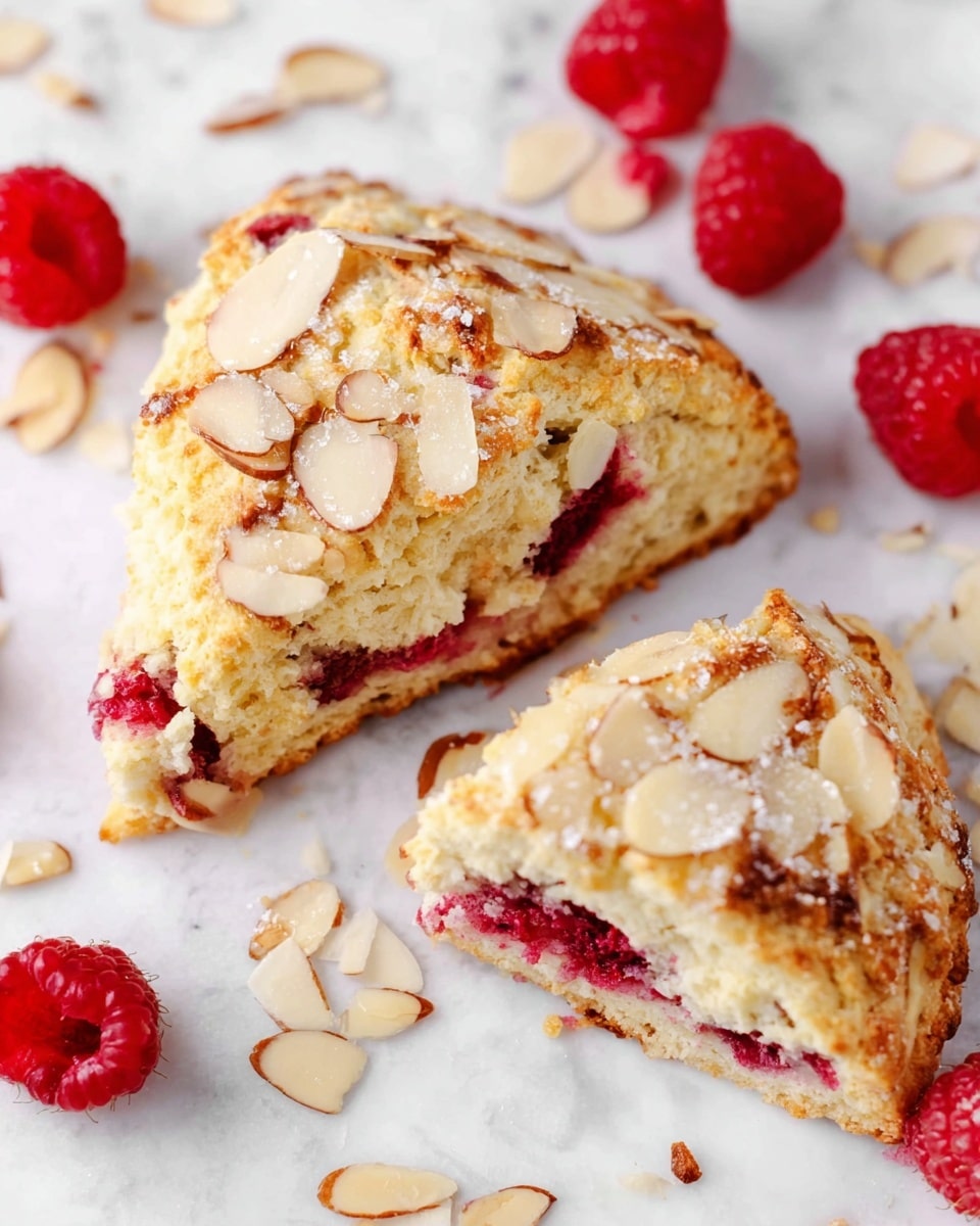 Two pieces of a golden brown scone are shown on a white marbled surface, one whole and one broken into smaller parts. The scone has a crumbly, soft texture with visible red raspberry bits baked inside. The top of the scone is covered with toasted almond slices and a light layer of sugar crystals that sparkle slightly. Surrounding the scones are loose almond slices and bright red fresh raspberries that add a pop of color. The overall scene is bright and clean with a close-up focus on the texture and colors of the scone and fruit. photo taken with an iphone --ar 4:5 --v 7