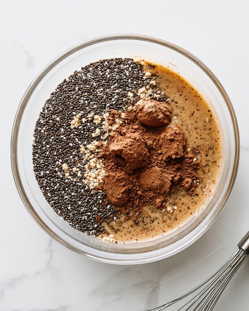A clear glass bowl on a white marbled surface holds four distinct layers of ingredients. The base layer is a light brown liquid with a smooth texture, partially mixed with darker brown clumps of powder unevenly spread on top. On one side of the bowl, a dense pile of small black and white chia seeds form a rough oval shape. The powder clumps are scattered unevenly over the liquid and chia seeds, giving a textured contrast between smooth liquid, fine seeds, and dry chunks. A silver whisk with a black handle lies nearby on the white marbled surface. Photo taken with an iphone --ar 4:5 --v 7