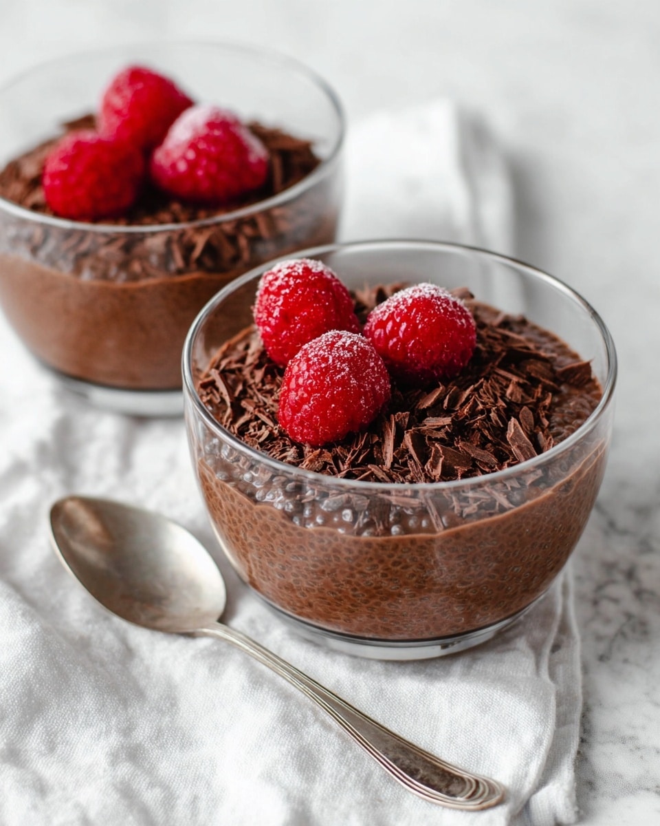 The image shows two clear glass bowls each with three layers, placed on a white marbled surface with a white cloth underneath. The first layer at the bottom is a dark chocolate chia pudding, smooth with tiny visible chia seeds. Above it is a thin layer of finely shredded chocolate pieces, dark brown and slightly curled. The top layer consists of four bright red frozen raspberries with small icy textures that contrast with the dark chocolate. One silver spoon lies next to the front bowl, with a vintage design and reflective surface, adding to the simple elegant presentation. Photo taken with an iphone --ar 4:5 --v 7