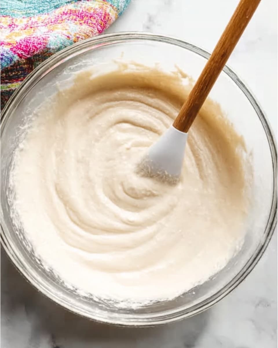 The image shows a clear glass bowl filled with a smooth, light cream batter. A wooden spatula with a white flexible tip is inside the bowl, partially dipped in the batter, suggesting the mixture is being stirred. The batter has a thick and creamy texture with swirls on the surface. The bowl is placed on a white marbled surface, and a colorful blurred cloth is partially visible in the top left corner. photo taken with an iphone --ar 4:5 --v 7