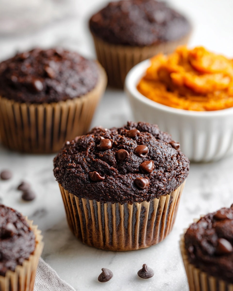 The image shows several dark brown chocolate muffins with a rough, moist texture, each sprinkled with small, shiny chocolate chips on top, sitting in light brown paper liners. The muffins are placed on a white marbled surface with some chocolate chips scattered around. To the right of the muffins, there is a white bowl with a bright orange creamy topping inside. The focus is on the muffin in the center, showing detail in its texture and chocolate chips. photo taken with an iphone --ar 4:5 --v 7