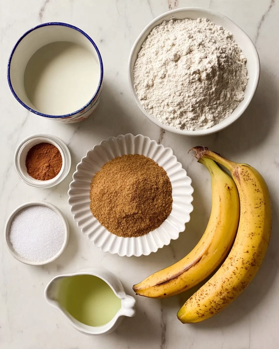 The image shows six ingredients arranged neatly on a white marbled surface. On the top right, there is a white bowl filled with white flour, slightly piled high. To its left, a white cup with blue rim holds a creamy white liquid. Below this cup, a white scalloped bowl contains a mound of brown sugar with a coarse texture. Next to the brown sugar bowl, a ripe yellow banana with some brown spots lies horizontally. Below the banana, a small white pitcher holds a light greenish-yellow liquid. To the left of the pitcher, a tiny white bowl contains a reddish-brown powder, likely cinnamon. Below it, a round white dish holds a small pile of white baking powder or salt in the center. The colors include white, yellow, brown, and greenish-yellow, all clearly distinct and well arranged. photo taken with an iphone --ar 4:5 --v 7