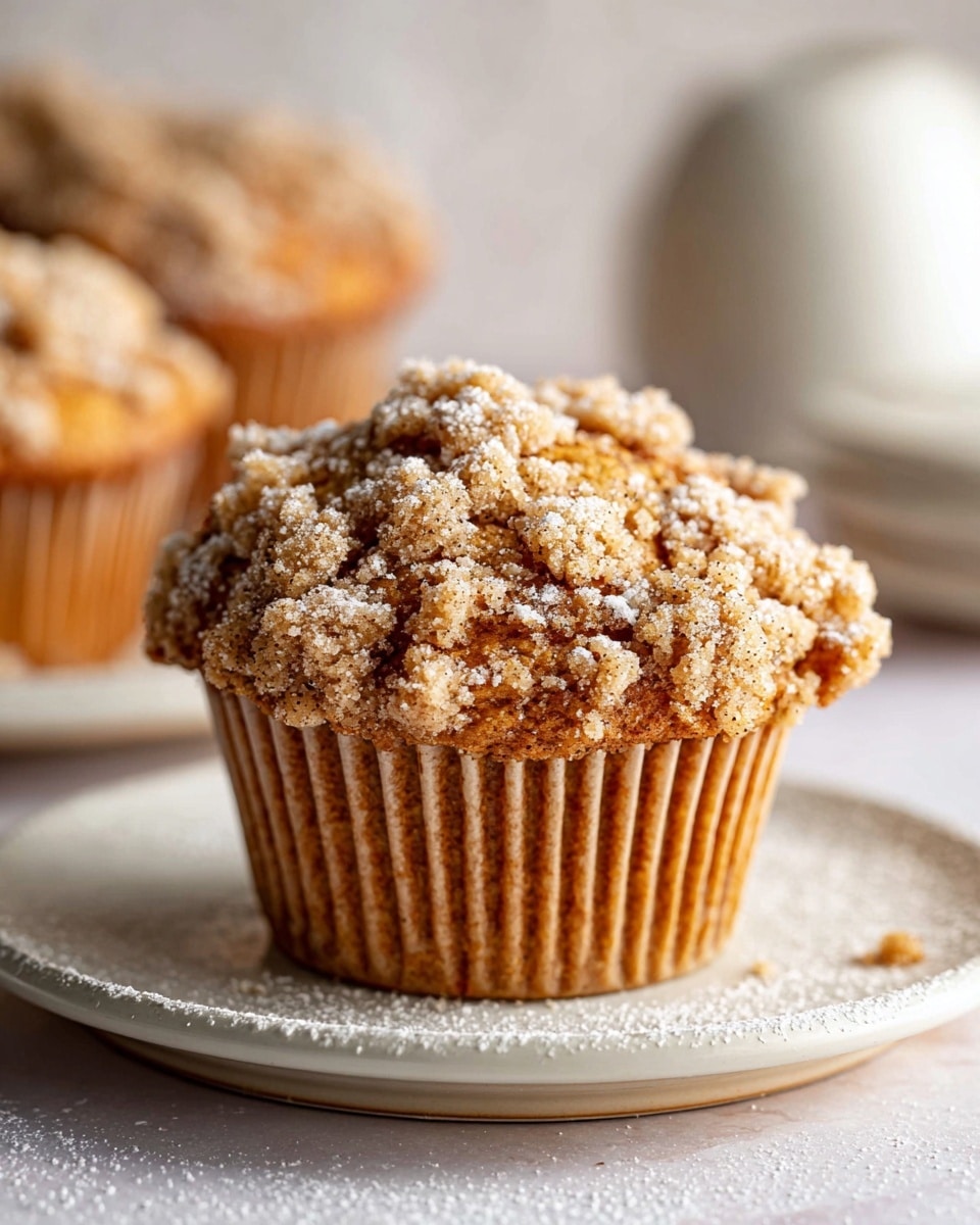 A close-up of a single muffin with a light brown crumb topping that is crumbly and uneven, sprinkled lightly with white powdered sugar. The muffin itself is a golden brown color, sitting inside a ridged light brown paper liner. It is placed on a small round white plate that also has some powdered sugar dusted around the edges. In the blurred background, there are more muffins and a white object on a white marbled surface. photo taken with an iphone --ar 4:5 --v 7