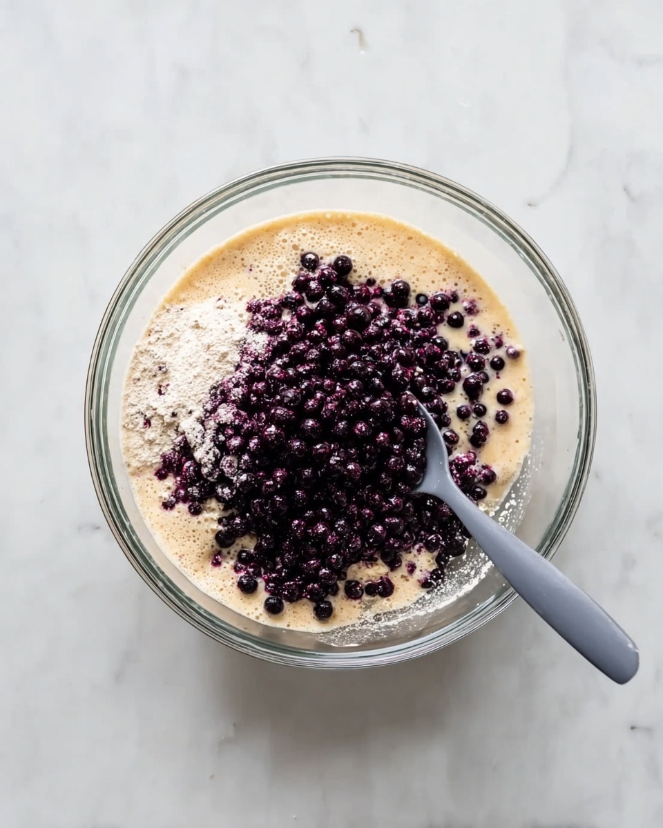 A clear glass bowl sits on a white marbled surface, filled with three distinct layers: the bottom layer is a light beige frothy liquid, the middle layer is a pale off-white powder partially mixed into the liquid, and the top layer consists of a heap of small, round dark purple berries. A gray spoon rests inside the bowl, partially submerged in the mixture, with its handle extending out over the bowl's edge. Photo taken with an iphone --ar 4:5 --v 7