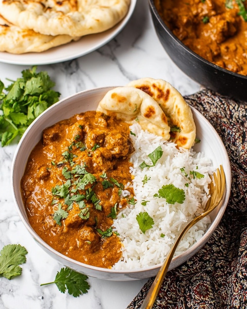 A white bowl sits on a white marbled textured surface, filled with two main layers: on the left, a thick orange curry with visible chunks of meat, garnished with fresh green cilantro leaves; on the right, a fluffy bed of white rice, with two folded pieces of light golden flatbread tucked beside it. A gold fork rests in the bowl touching the curry, and additional fresh cilantro leaves are scattered around the bowl. In the background, there are more flatbreads on a white plate and a black pan with more curry visible on a patterned cloth. Photo taken with an iphone --ar 4:5 --v 7