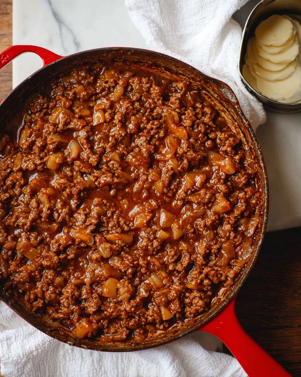 A close-up top view of a red-handled skillet filled with a thick mixture of cooked ground meat and diced ingredients in a rich brown sauce with a shiny texture, looking hearty and well mixed. Next to the skillet, there is an open tin can on a white marbled surface showing pale round slices inside. A white cloth is partly visible in the background. The lighting is soft and natural, highlighting the textures and glossiness of the dish. photo taken with an iphone --ar 4:5 --v 7