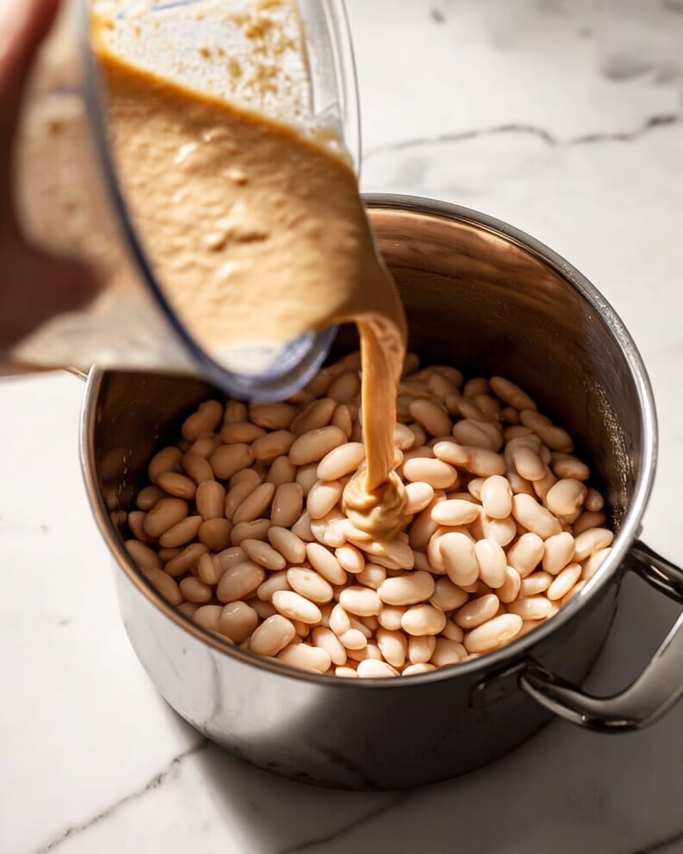 A silver pot filled halfway with light beige white beans, with a thick beige sauce being poured into the pot from a blender jar held by a woman's hand. The background is a white marbled surface. The light reflects softly on the pot and beans, showing their smooth texture. Photo taken with an iphone --ar 4:5 --v 7