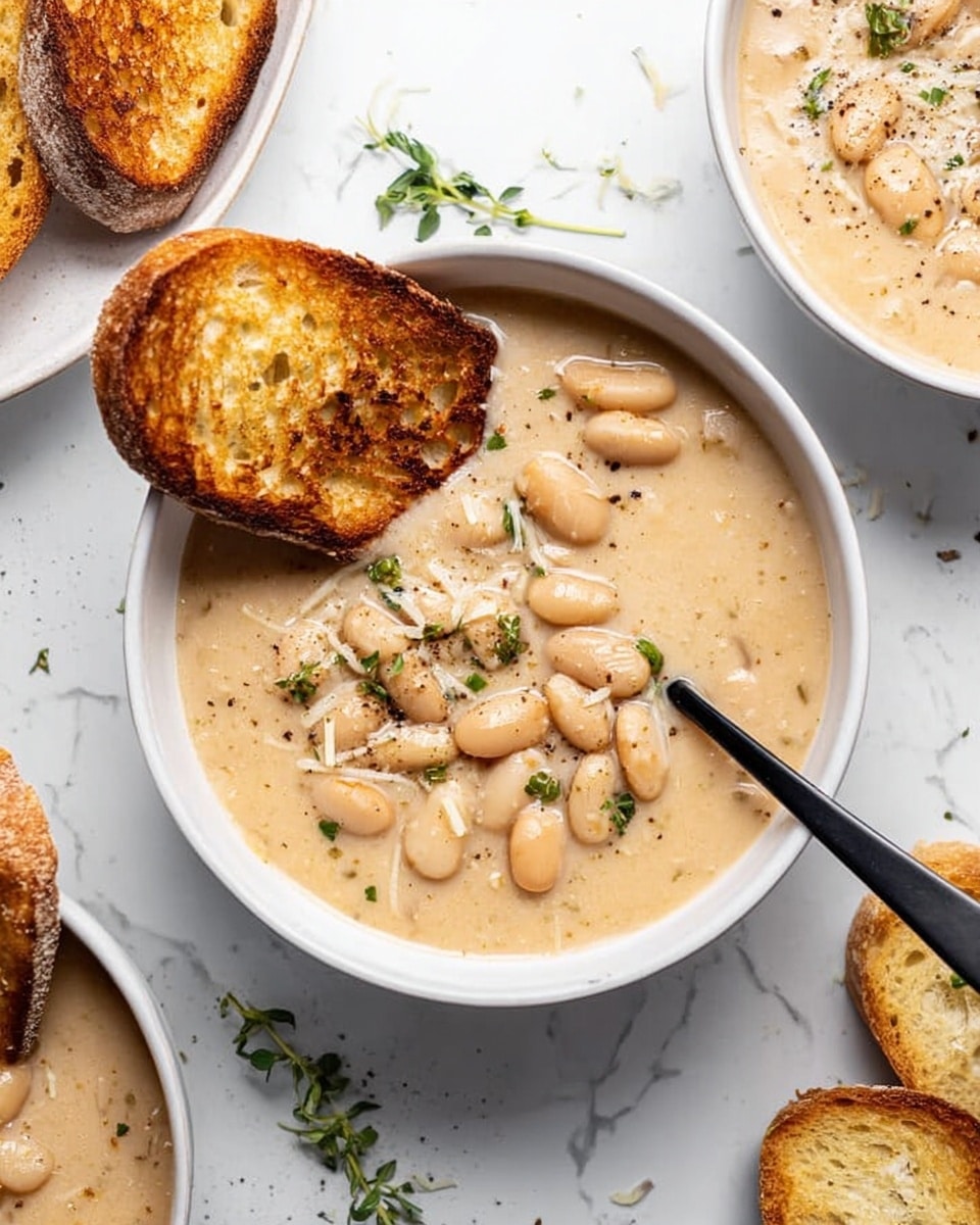 The image shows a white bowl filled with creamy white bean soup that has whole white beans visible in a thick, pale beige broth. Two toasted golden brown bread slices rest on the edge of the bowl, with one slice dipped partly into the soup. Small green herb bits and freshly ground black pepper sprinkle the top of the soup, adding texture and color contrast. A black spoon is placed inside the bowl, resting on the right side. Around the bowl are other bowls with the same soup, toasted bread pieces, and fresh green herbs scattered on a white marbled surface. photo taken with an iphone --ar 4:5 --v 7