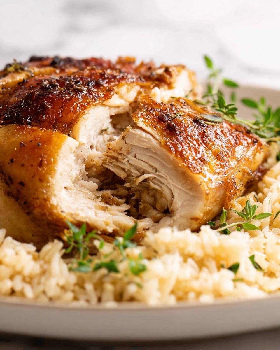 The image shows a close-up of a golden-brown cooked chicken piece with a crispy skin on top. The chicken is sliced, revealing tender, white meat inside with bits of herbs and spices visible. Below and around the chicken, there is a layer of light beige rice with a soft, fluffy texture. Small sprigs of green herbs are scattered on and around the chicken and rice, adding a touch of color. The dish is placed on a white plate against a white marbled background. Photo taken with an iphone --ar 4:5 --v 7