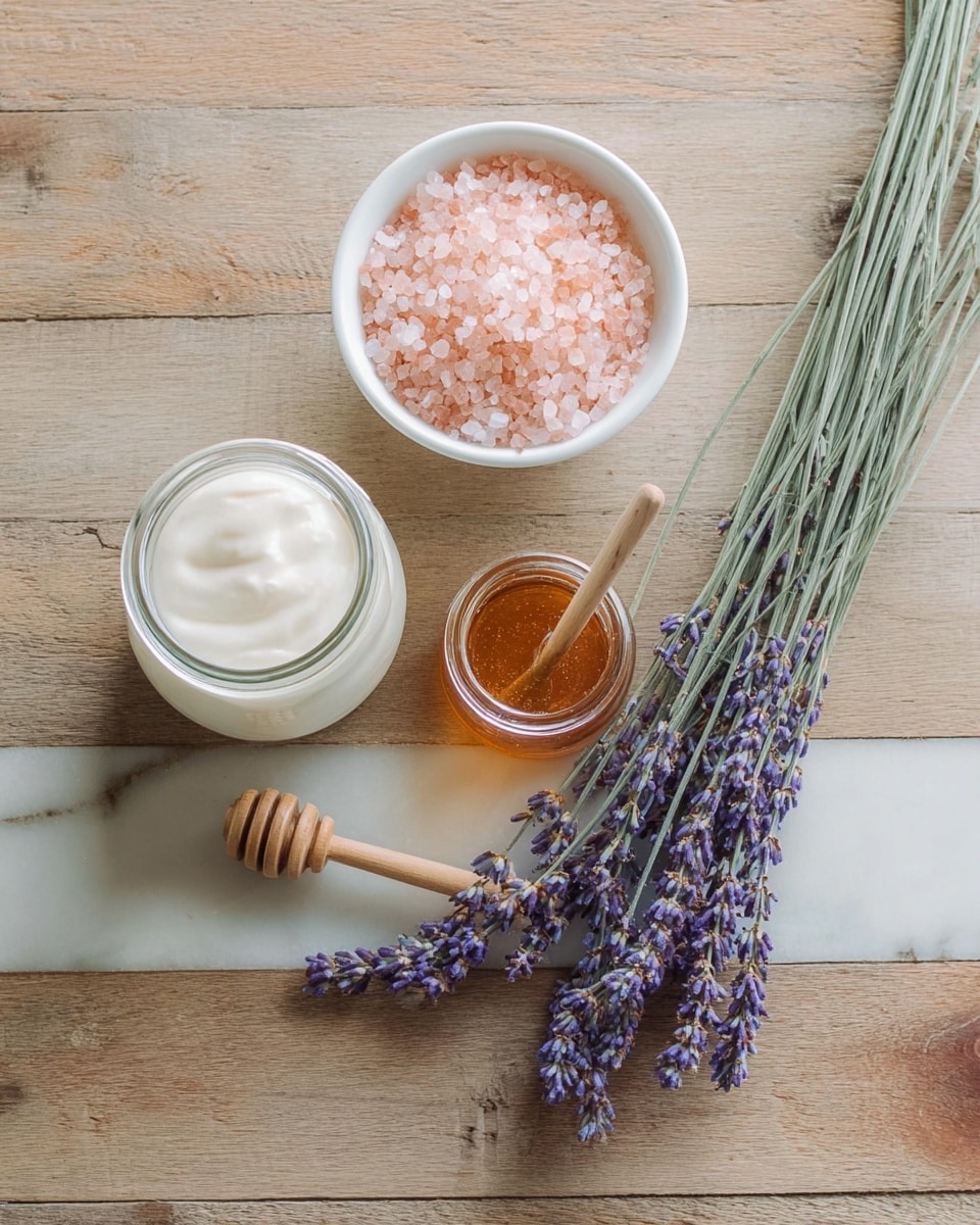 The image shows a simple arrangement on a wooden surface with a white bowl filled with pink salt grains at the top center. Below it, slightly to the left, there is a clear glass jar containing white creamy yogurt. To the right of the jar, there is a small open jar of honey with a wooden honey dipper resting beside it. Between the yogurt and honey jars, a bunch of long, thin lavender flowers with purple buds lies diagonally across the surface. The background is a white marbled texture. Photo taken with an iphone --ar 4:5 --v 7