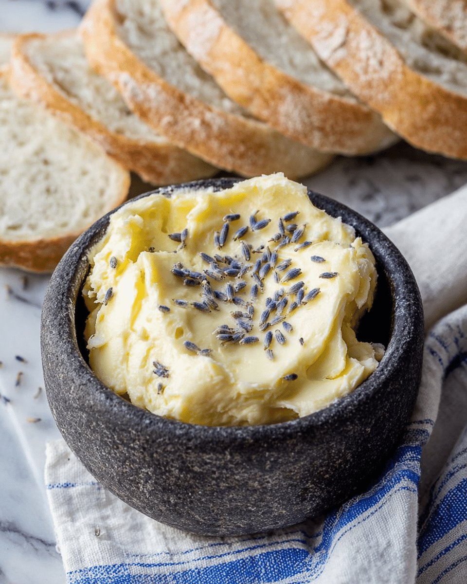 A rough-textured dark stone bowl filled with creamy, pale yellow butter that has a soft and uneven surface, topped with small dried lavender petals scattered across the center; behind the bowl, there are slices of light brown baguette with a crusty texture, all placed on a white marbled surface with a white cloth featuring blue stripes partially visible in the bottom right corner. photo taken with an iphone --ar 4:5 --v 7