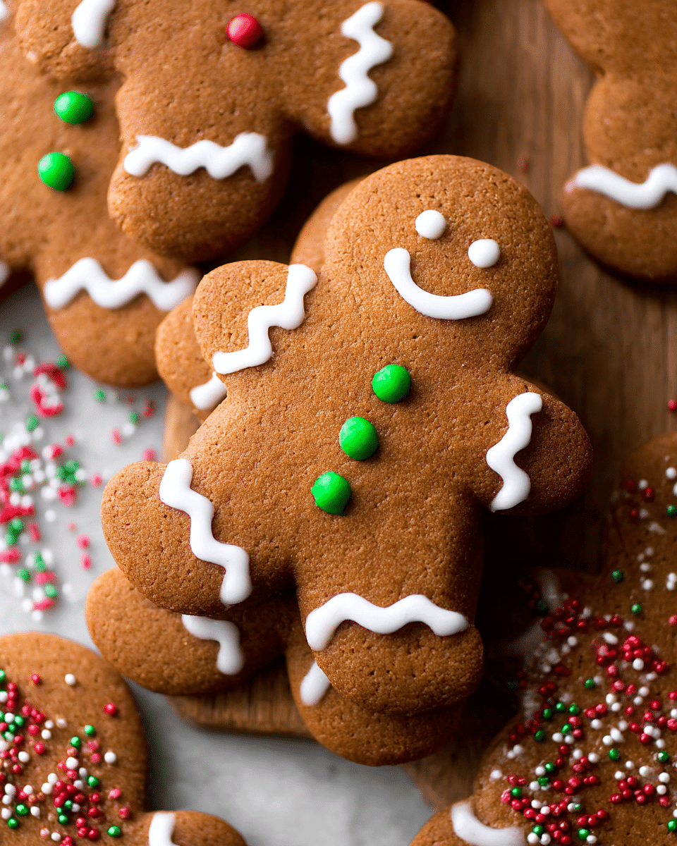 A close-up view of several gingerbread cookies stacked on a wooden surface with a white marbled texture background, with one cookie fully visible on top in the shape of a person with a smiling face made of white icing. This cookie has three small green candy buttons running down its middle and white icing wavy lines along the edges of the arms and legs. Other gingerbread cookies overlap behind it, decorated similarly with white icing and small red and green candy sprinkles scattered around them. Photo taken with an iphone --ar 4:5 --v 7