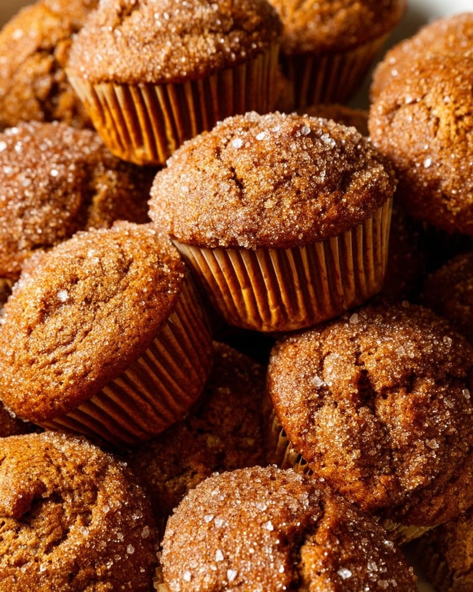 This image shows a close-up of many brown muffins with a rough, cracked top texture sprinkled with large sugar crystals. The muffins are tightly grouped together without a visible plate, filling the entire frame. Each muffin has a ridged paper wrapper in a similar brown shade, adding a layered look to the sides. The crumbly sugar topping catches light, creating a sparkling effect on some of the muffins. The background is out of focus, making the muffins the main focus, with warm natural light highlighting their detailed texture. photo taken with an iphone --ar 4:5 --v 7