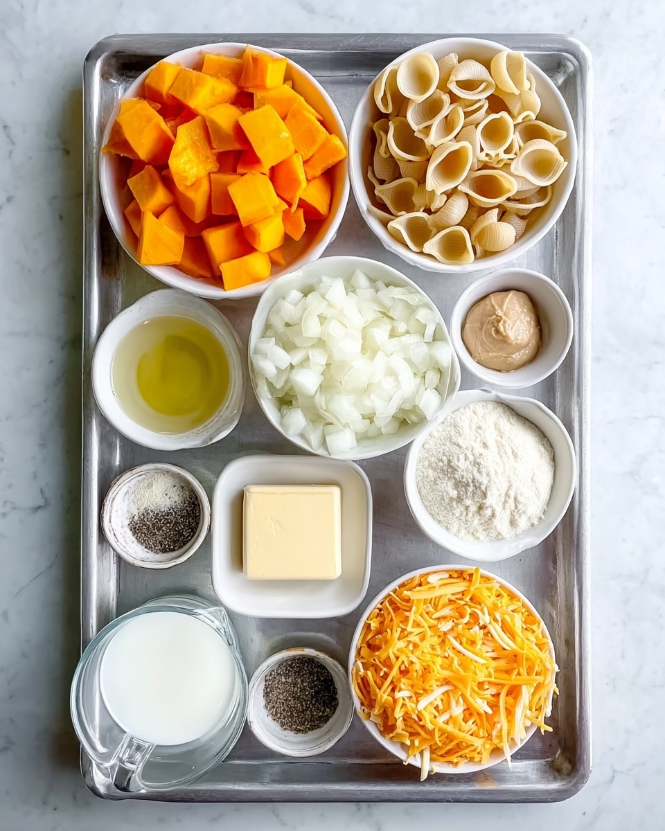 A metal tray with ten white bowls and cups arranged neatly holding different cooking ingredients: the top left bowl is filled with bright orange pumpkin chunks, to its right is a bowl of dry pasta shells in pale brown color, below the pumpkin is a bowl of white chopped onions, beneath the pasta shells is a small bowl with a pale brown paste, next to it is a bowl of clear golden oil. In the center is a square piece of pale yellow butter on a small white dish, surrounded by a bowl of white flour, a clear measuring cup of white milk to the bottom left, a small dish of coarsely ground black pepper, a bowl of shredded white cheese, and a bowl of shredded orange cheddar cheese to the bottom right. The tray lies on a white marbled surface, photo taken with an iphone --ar 4:5 --v 7