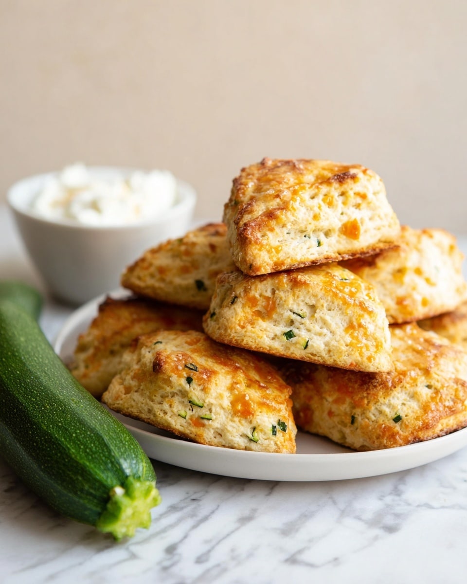A white round plate holds a stack of golden-brown scones with a textured surface showing small green and orange bits inside. The scones are layered in a slightly messy pile with some showing cracked, flaky edges. In the background, a small white bowl holds a dollop of white cream, softly blurred. A fresh, green zucchini lies diagonally in front of the plate on a white marbled surface. The lighting is soft and natural, highlighting the textures and colors of the scones and zucchini. photo taken with an iphone --ar 4:5 --v 7
