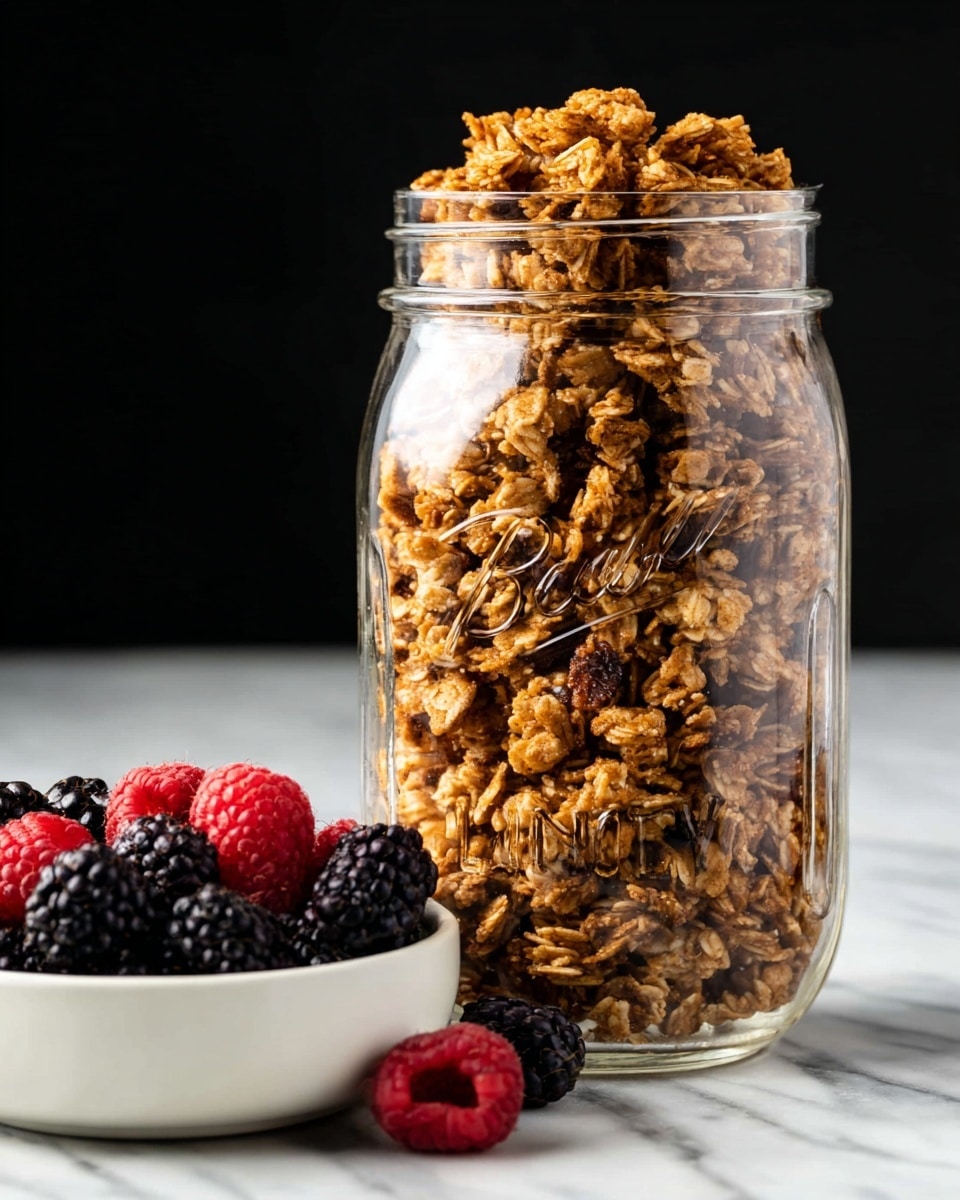 A clear glass jar filled to the top with chunky, golden brown granola clusters showing a rough, textured surface. The jar sits on a smooth white marbled surface. In the foreground to the left, there is a white bowl filled with fresh blackberries and red raspberries, adding deep black and bright red colors next to the jar. The background is plain dark, making the jar and berries stand out clearly. Photo taken with an iphone --ar 4:5 --v 7