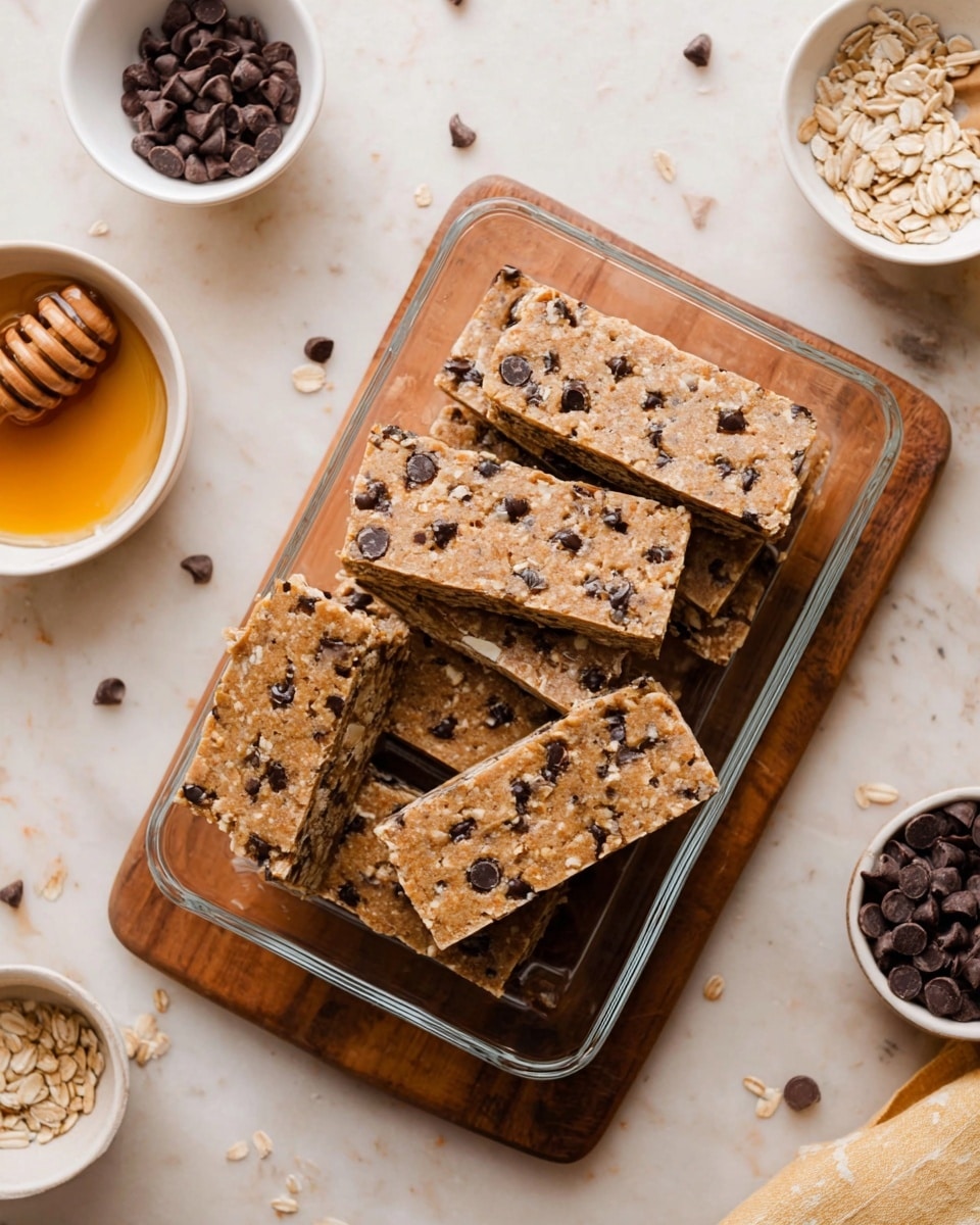 A clear glass rectangular dish holds seven thick square bars stacked unevenly, each bar light brown with small dark chocolate chips and sunflower seeds spread throughout, giving a slightly rough texture. The dish sits on a wooden board, all placed on a white marbled surface scattered with a few chocolate chips. Around the dish are small white bowls, one filled with sunflower seeds and another with honey and a honey dipper, adding to the warm, natural color scheme. Photo taken with an iphone --ar 4:5 --v 7