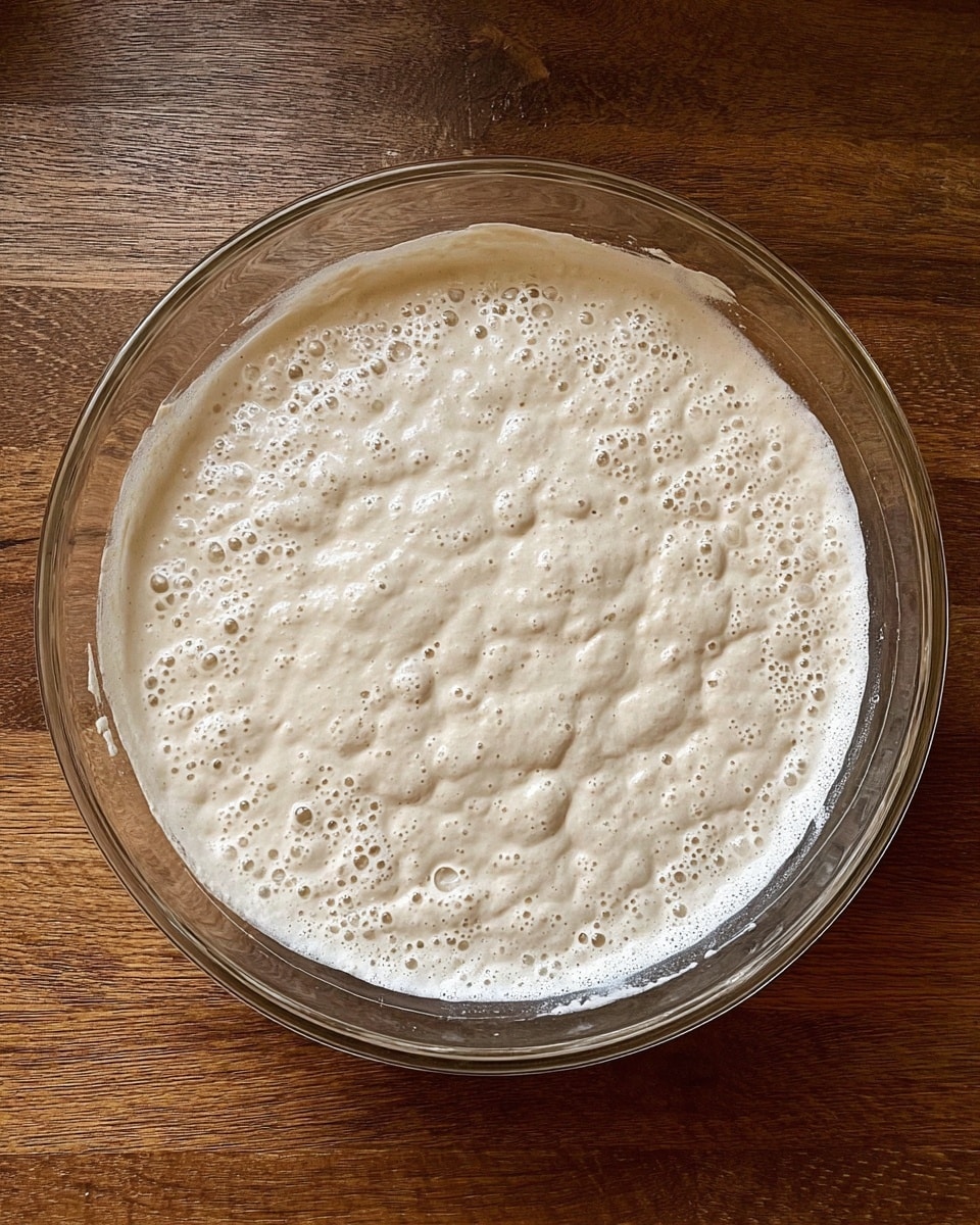 A clear glass bowl filled mostly with light beige sourdough starter that is bubbly and frothy on the surface, showing some larger bubbles with small uneven texture, placed on a brown wooden surface. The starter spreads evenly within the bowl and has some streaks and bits of starter stuck around the inner sides of the bowl. photo taken with an iphone --ar 4:5 --v 7