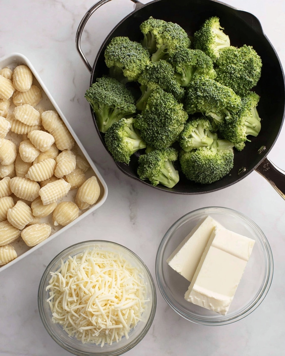The image shows a glass bowl filled with fresh green broccoli florets placed near the top right. Next to it on the left is a black skillet handle on a white marbled surface. At the bottom left corner, there is a white tray with beige gnocchi shaped like small ridged dumplings. To the right of the tray, there is a glass bowl filled with shredded white cheese. Below the cheese bowl, there is a smaller glass bowl containing a block of soft white cheese. All items are arranged on a white marbled surface. photo taken with an iphone --ar 4:5 --v 7