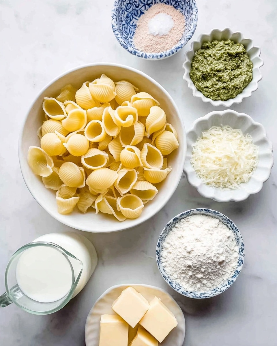 The image shows a top view of several bowls and a jug on a white marbled surface, each holding different ingredients for cooking. In the center is a white bowl filled with uncooked shell-shaped pasta in a pale yellow color. Above it to the left is a small white and blue patterned bowl with small piles of white salt, white flour, and a light pink powder. To the right of that is a white scalloped bowl with a green chunky sauce that looks like pesto. Below the pesto is a plain white bowl with a mound of finely grated white cheese. To the lower right of the pasta bowl is a small white and blue patterned bowl filled with white flour. Below the grated cheese is a small white plate with three thick cubes of pale yellow butter. Finally, on the bottom left is a clear glass jug full of white milk. All items are placed neatly on the surface with good lighting. Photo taken with an iphone --ar 4:5 --v 7