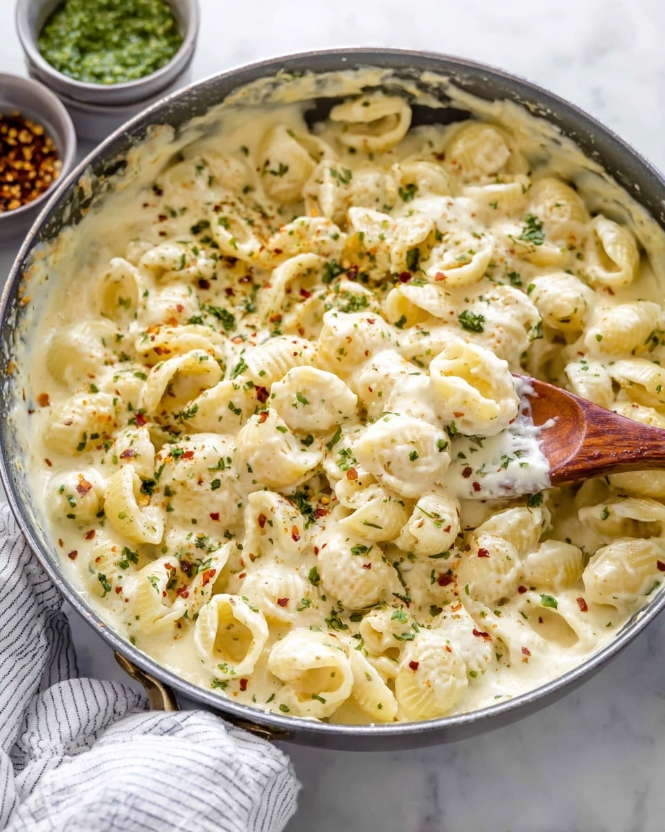 A close-up of a pan filled with creamy white pasta shells stirred in a thick, smooth cheese sauce. The pasta has a soft, slightly shiny texture with small green herb flakes and red pepper flakes scattered on top. On the right side, a wooden spoon lifts some pasta, showing the sauce clinging to the shells. The pan sits on a white marbled surface with a white and gray striped cloth under the handle. Small bowls with green sauce and herbs are slightly visible in the top background. Photo taken with an iphone --ar 4:5 --v 7