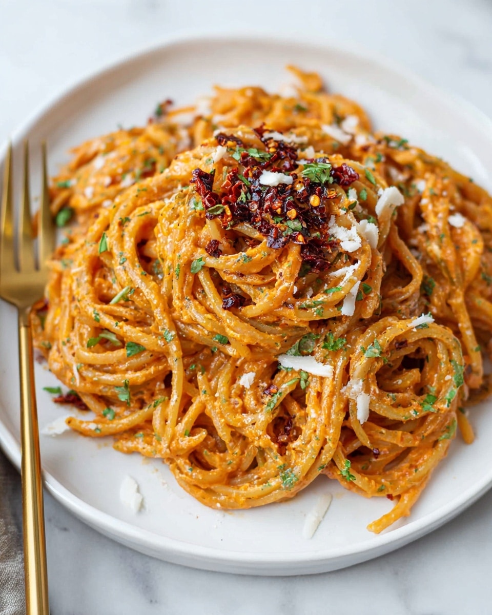 A white plate holds one pile of spaghetti covered with creamy orange sauce, with brown-red chili flakes mixed and placed on top. The pasta strands are thick and twisted, with green herb bits sprinkled all over. Some fine white cheese pieces are scattered on top and around the pasta. A gold fork rests on the left side of the plate. The plate sits on a white marbled surface. Photo taken with an iphone --ar 4:5 --v 7