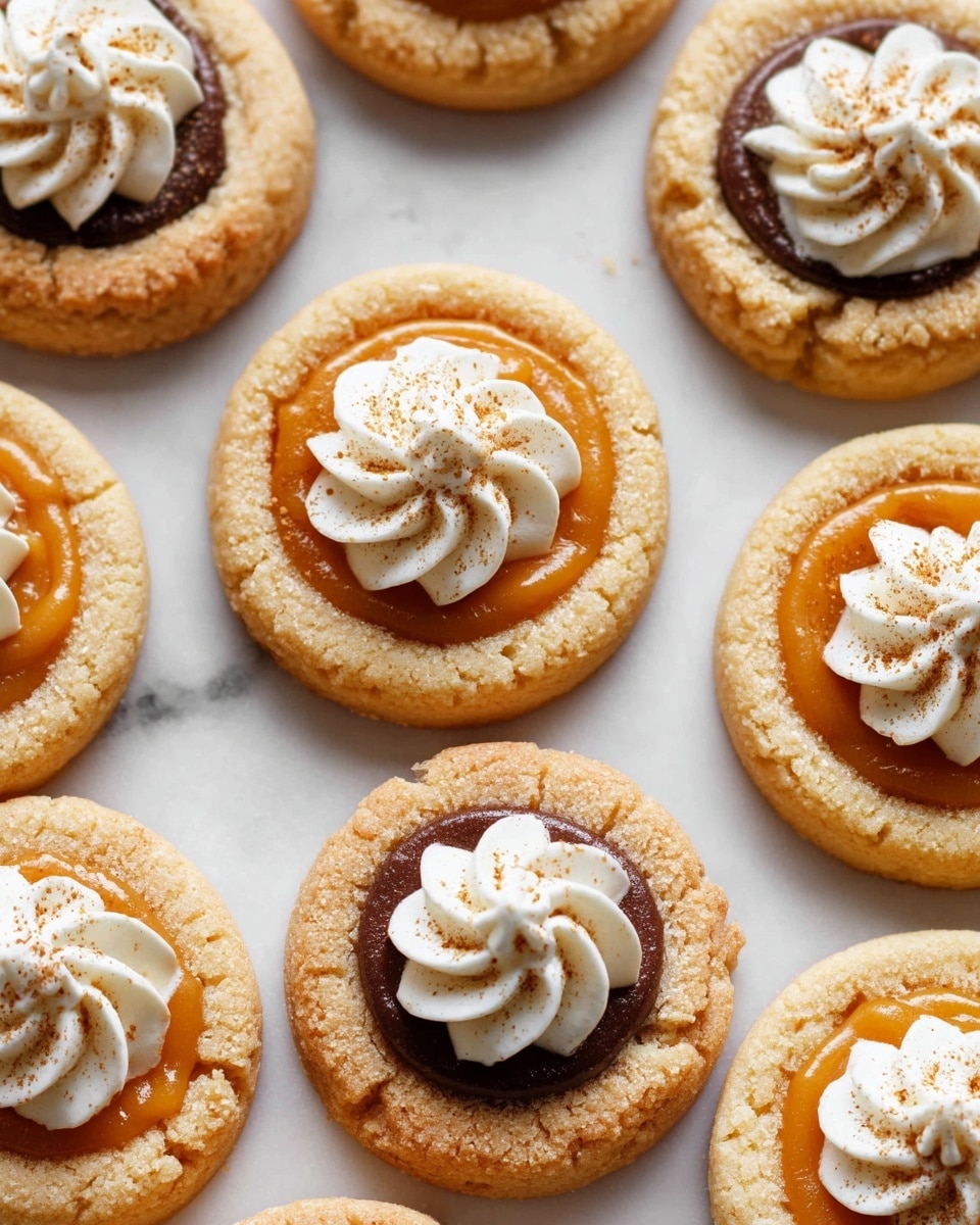 The image shows several round cookies arranged on a white marbled surface. Each cookie has two layers: the base is a light golden brown baked cookie with a slightly grainy texture and slightly thick edges. The center of each cookie is filled with smooth, dark orange filling. Some cookies are topped with neat swirls or small dots of white whipped cream, sprinkled lightly with a dusting of brown spice. The cookies are evenly spaced, creating a clean and inviting look. Photo taken with an iphone --ar 4:5 --v 7