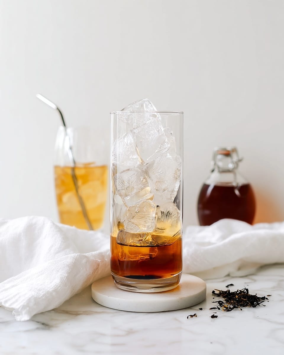 A tall clear glass sits center with large, clear ice cubes filling it, about six pieces, surrounding a small layer of dark amber liquid at the bottom. Behind it to the left, there is another tall glass filled with light golden liquid and ice cubes, with a silver straw inside, placed on a white cloth that drapes softly on a white marbled surface. To the right, a small glass bottle contains dark amber liquid and some loose black tea leaves are scattered nearby. The background is plain white, emphasizing the clean and fresh look. Photo taken with an iphone --ar 4:5 --v 7