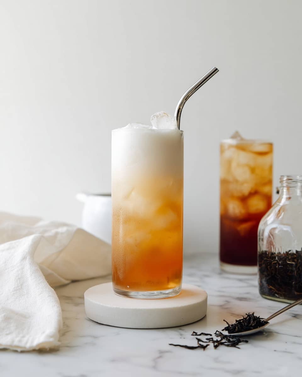 A tall clear glass sits on a white round coaster on a white marbled surface, filled with a light amber drink that fades into a layer of thick white foam on top, with a silver metal straw sticking out from the foam. Behind it, there is another tall clear glass with a similar light amber drink filled with ice cubes and a straw inside. To the right of the foam-topped glass, there is a small clear glass bottle with dark brown liquid inside, and some loose black tea leaves scattered nearby. A folded white cloth is draped on the left side of the foreground, adding softness to the clean, bright setting. Photo taken with an iphone --ar 4:5 --v 7