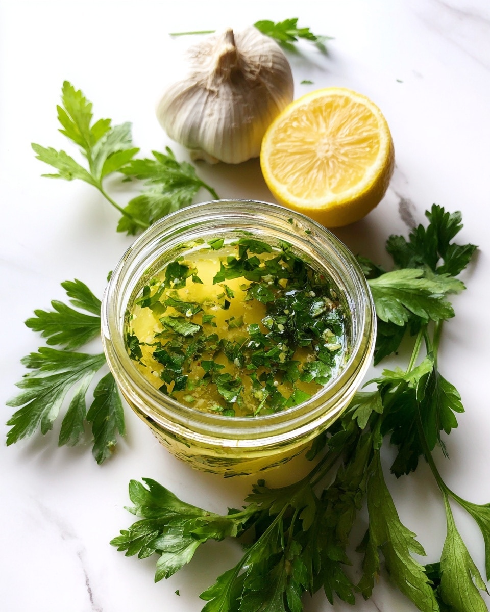 A small glass jar filled with a light yellow-green sauce mixed with bright green chopped herbs floating inside, surrounded by fresh green parsley leaves and a whole garlic bulb on a white marbled surface, along with two lemon halves showing their light yellow juicy inside. photo taken with an iphone --ar 4:5 --v 7