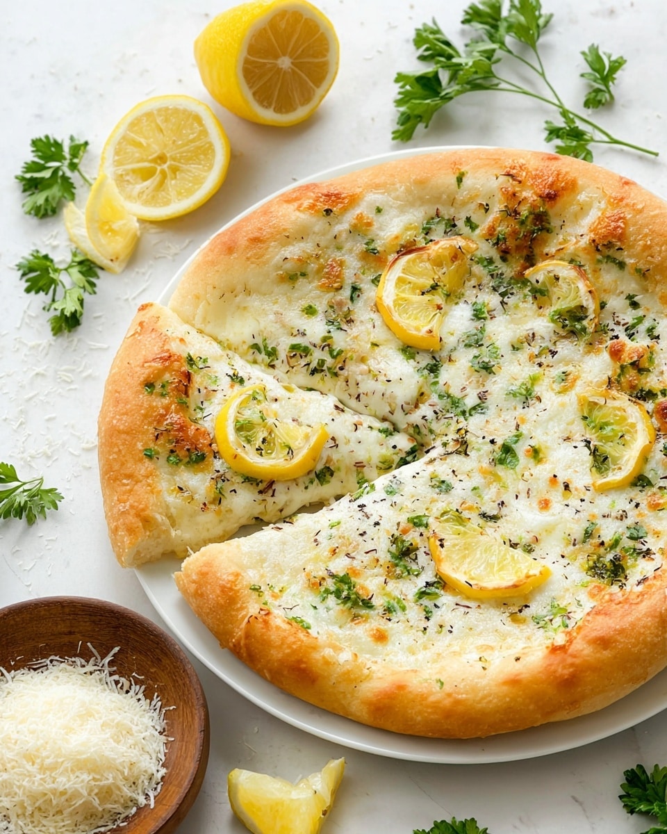 A white plate holds a lemon garlic pizza with one golden-brown crust layer that is thick and fluffy. The top layer is covered with melted white cheese mixed with green herbs and speckles of black pepper, creating a textured surface. Thin round slices of yellow lemon and scattered parsley leaves rest on the cheese layer. Around the plate, there are lemon wedges and green parsley sprigs on a white marbled surface. A wooden bowl filled with grated cheese sits next to the pizza. photo taken with an iphone --ar 4:5 --v 7