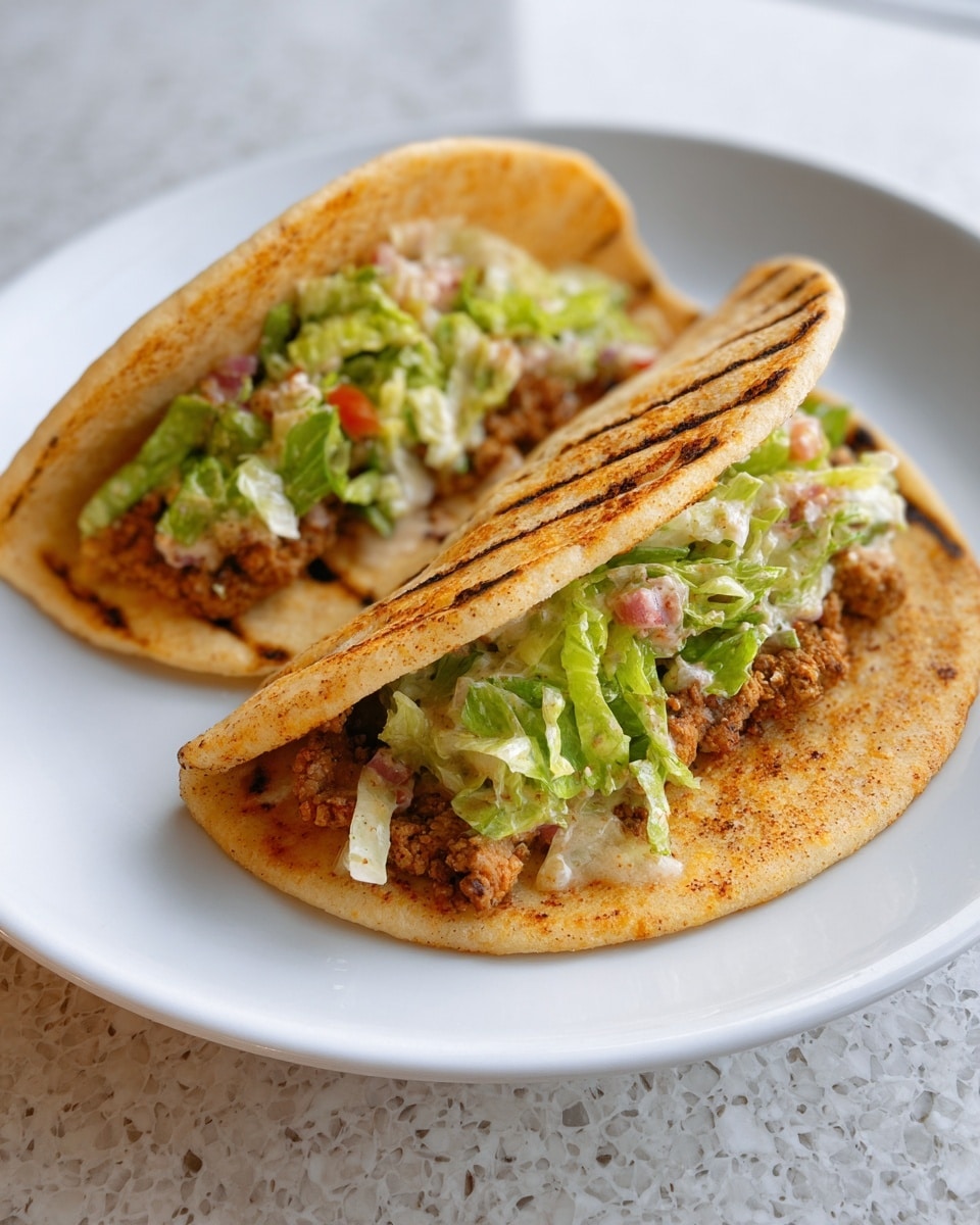 Two tacos are placed on a white plate over a white marbled textured surface. Each taco has a warm, lightly browned, soft tortilla folded in half, with visible grill marks. Inside, there is a layer of golden brown seasoned cooked meat at the bottom, topped with creamy green lettuce mixed with small pieces of red and white vegetables, possibly tomatoes and onions. The lettuce mixture looks fresh with a light dressing. Photo taken with an iphone --ar 4:5 --v 7