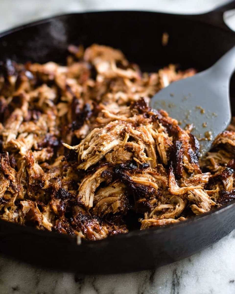 A close-up view of shredded cooked meat with a mix of golden brown and charred dark brown colors, sitting inside a black cast iron pan. The meat is pulled apart in fibrous strands, some pieces showing crispy edges. A gray spatula is lifting part of the meat from the right side of the pan. The background is a white marbled texture. Photo taken with an iphone --ar 4:5 --v 7