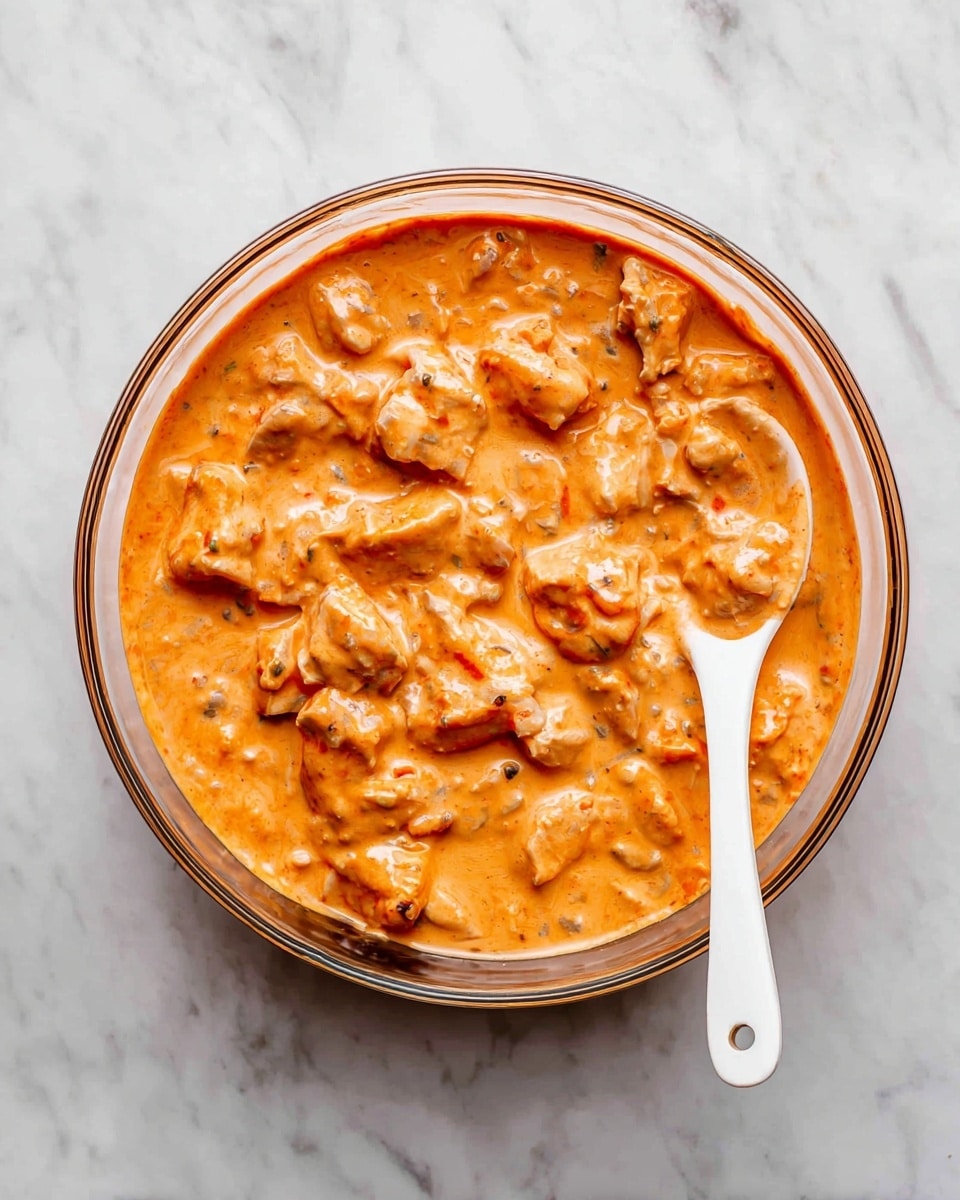 A clear glass bowl filled with a creamy orange sauce mixed with chunks of raw chicken and small pieces of finely chopped ingredients, giving the sauce a thick and smooth texture. A white spoon with a hole at the handle rests inside the bowl on the right side, partially submerged in the sauce. The bowl sits on a white marbled surface, and the sauce has a rich, consistent color with visible pieces of chicken spread evenly throughout. Photo taken with an iphone --ar 4:5 --v 7
