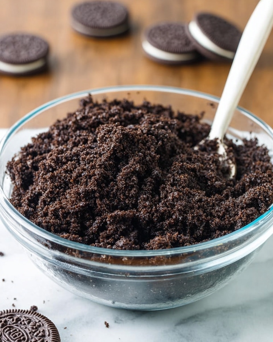 A clear glass bowl filled with dark chocolate cookie crumbs, showing a crumbly and textured surface. A white spoon is partly stuck into the crumbs on the right side. In the blurry background, there are a few whole dark chocolate sandwich cookies with white cream visible inside, placed on a white marbled surface. The whole setup is on a wooden table that contrasts with the white marbled background. photo taken with an iphone --ar 4:5 --v 7