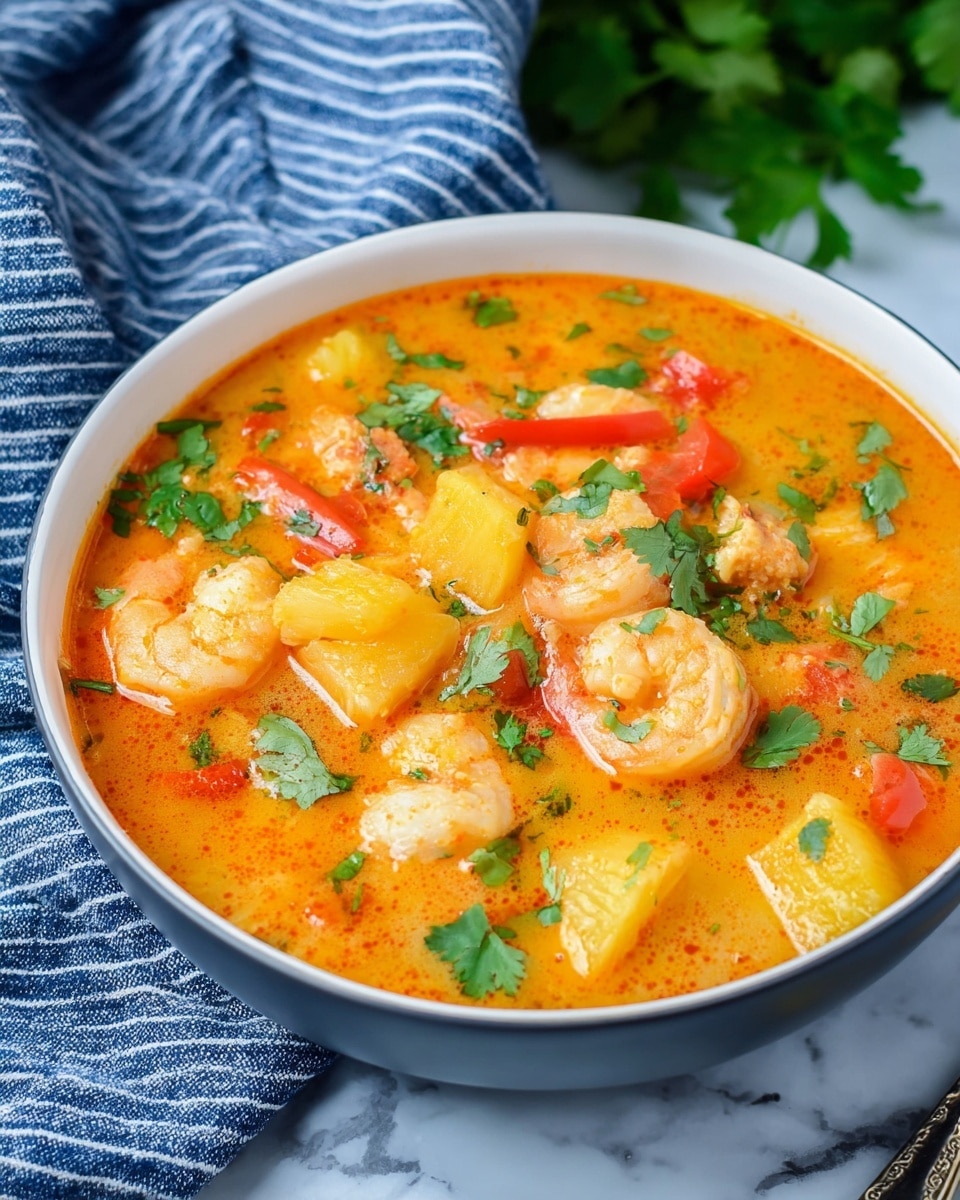 The image shows a deep white bowl filled with a bright orange soup that has many layers of ingredients. The top layer features small cooked shrimp with a light pink color, scattered evenly throughout the soup. There are also chunks of white fish pieces and yellow pineapple chunks, adding solid texture between the shrimp. Slices of red bell pepper float near the surface, giving a fresh, vibrant look. The soup has green cilantro leaves sprinkled all over, which add bursts of color and texture. The bowl sits on a white marbled surface with a blue and white striped cloth partially under it. photo taken with an iphone --ar 4:5 --v 7