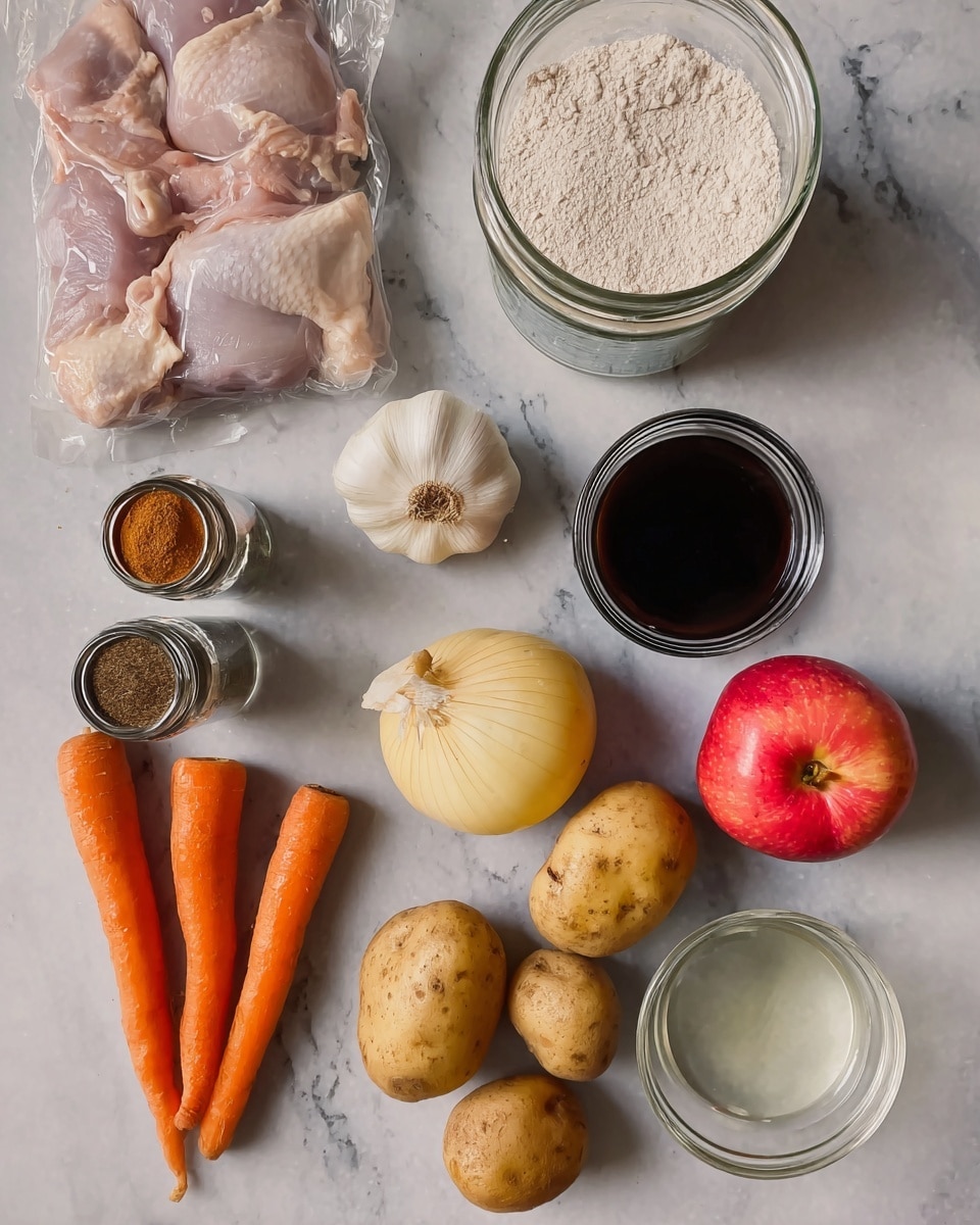 The image shows raw ingredients laid out on a white marbled surface. In the top left corner, there is a clear plastic package with pale pink raw chicken thighs. Below it is a jar filled with white flour. To the right is a small glass bowl containing dark soy sauce. Near the center are a whole garlic bulb and a whole onion with yellowish skin. At the bottom left, three bright orange carrots lie horizontally. Near the carrots, two small spice jars with lids hold brown spices. Three light brown potatoes sit clustered on the right side. At the bottom right, a shiny red apple rests on the marble surface. There is also a small clear glass bowl containing a transparent liquid near the bottom left. photo taken with an iphone --ar 4:5 --v 7