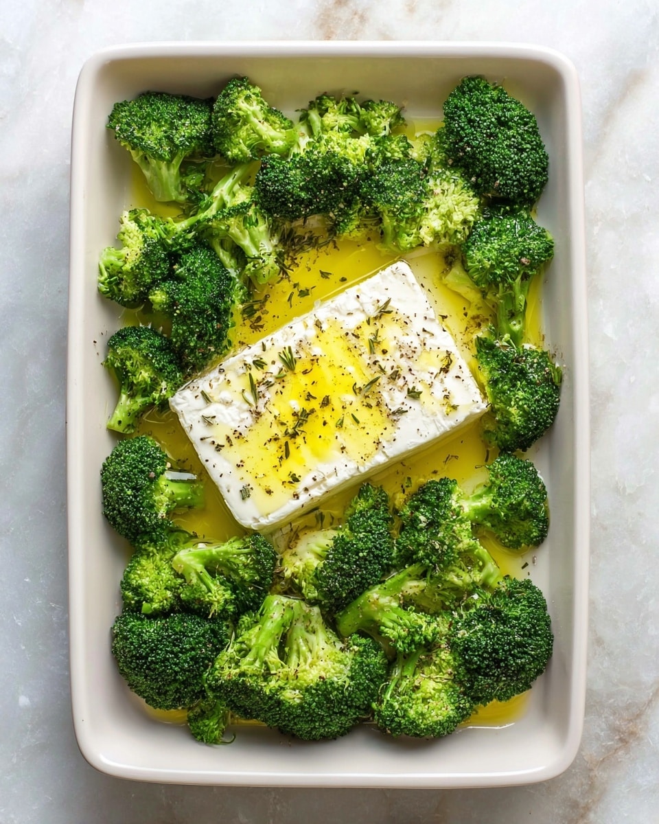 A white rectangular dish filled with bright green broccoli pieces arranged around a block of white cheese in the center. The cheese block is drizzled with yellow olive oil and sprinkled with black pepper, sitting on a small pool of the oil. The broccoli looks fresh and slightly wet, and the background is a white marbled texture. photo taken with an iphone --ar 4:5 --v 7
