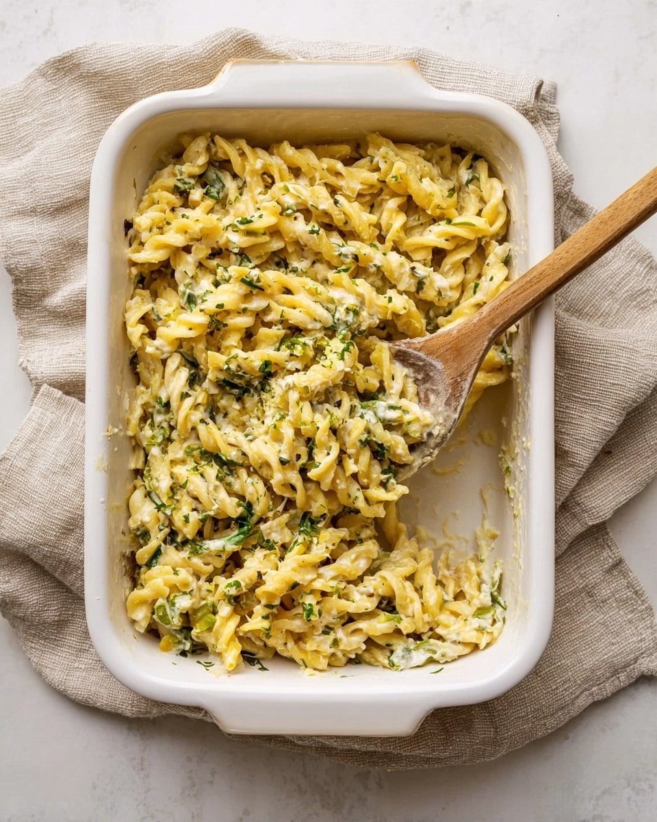 A white rectangular baking dish holds a creamy pasta casserole with a wooden spoon inside it. The dish has one visible layer of twisted, yellow pasta mixed with small green vegetable pieces and light cream or cheese sauce coating the pasta. The spoon is lifting some pasta near the middle right side, revealing the creamy texture. The dish is placed on beige cloth on a white marbled surface. photo taken with an iphone --ar 4:5 --v 7