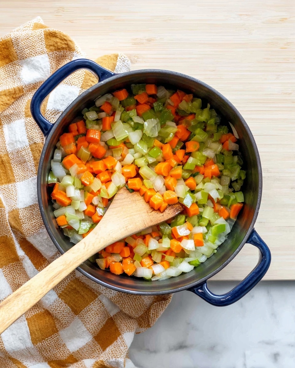 A black pot with two blue handles is filled with three layers of chopped vegetables: bright orange carrots, light green celery, and white onions with slightly translucent texture, all mixed and sautéing inside. A light wooden spoon rests inside the pot, partially covering the vegetables. The pot sits on a white and mustard checkered cloth, placed on a light wooden surface with a white marbled texture background. Photo taken with an iphone --ar 4:5 --v 7