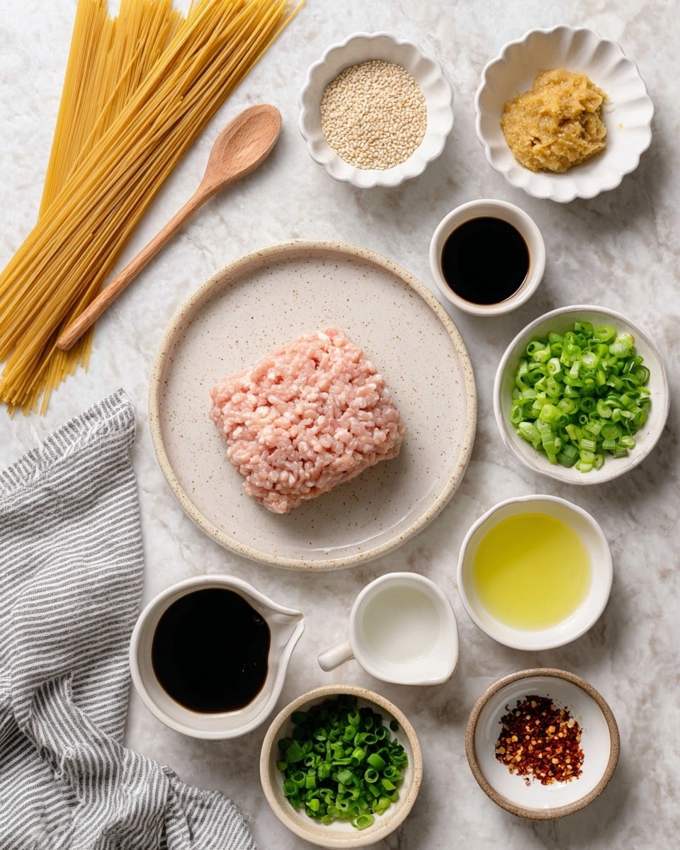 A white speckled plate in the center holds a block of pale pink ground chicken, surrounded by small white bowls filled with various ingredients: finely chopped bright green scallions in two bowls, one larger and one smaller to the right; a golden yellow minced ginger paste in a scalloped white bowl above left; a bowl of light tan sesame seeds above center; dark soy sauce in a small white bowl near the bottom left, and another dark sauce in a small white sauce pitcher below it; a small white bowl with clear liquid is near the lower center; light yellow liquid in a white bowl to the right; a small dark bowl with reddish-brown chili flakes at the bottom right; fresh chopped green herbs in a bowl at bottom left; uncooked light brown dry spaghetti strands lie to the left; all items are arranged on a white marbled surface with a gray and white striped cloth folded near the top left corner, and a wooden spatula is partially visible on the bottom left photo taken with an iphone --ar 4:5 --v 7