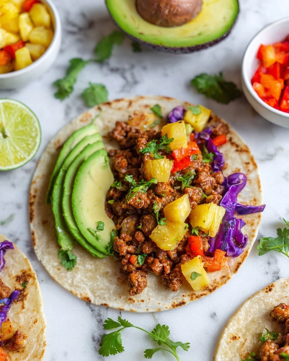 The image shows a small white tortilla topped with three bright green avocado slices on the left, followed by a mix of cooked ground meat and yellow pineapple chunks in the center, scattered with small pieces of red bell pepper and bits of cooked purple cabbage on the right. Fresh green cilantro leaves are sprinkled over the top and around the tortilla on a white marbled surface. In the background, there are halves of avocado, small white bowls filled with diced pineapple and red bell pepper, and a lime wedge. Photo taken with an iphone --ar 4:5 --v 7