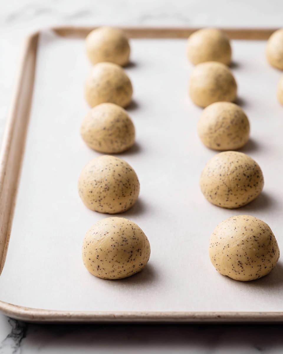 The image shows a baking sheet lined with white parchment paper on a white marbled surface. On the parchment paper, there are two neat rows of round dough balls that are pale beige with small dark specks evenly distributed throughout. Each dough ball has a smooth texture and is spaced apart, with a slightly shining surface that suggests they are freshly shaped and ready for baking. The background shows parts of the white marbled surface in soft focus. Photo taken with an iphone --ar 4:5 --v 7