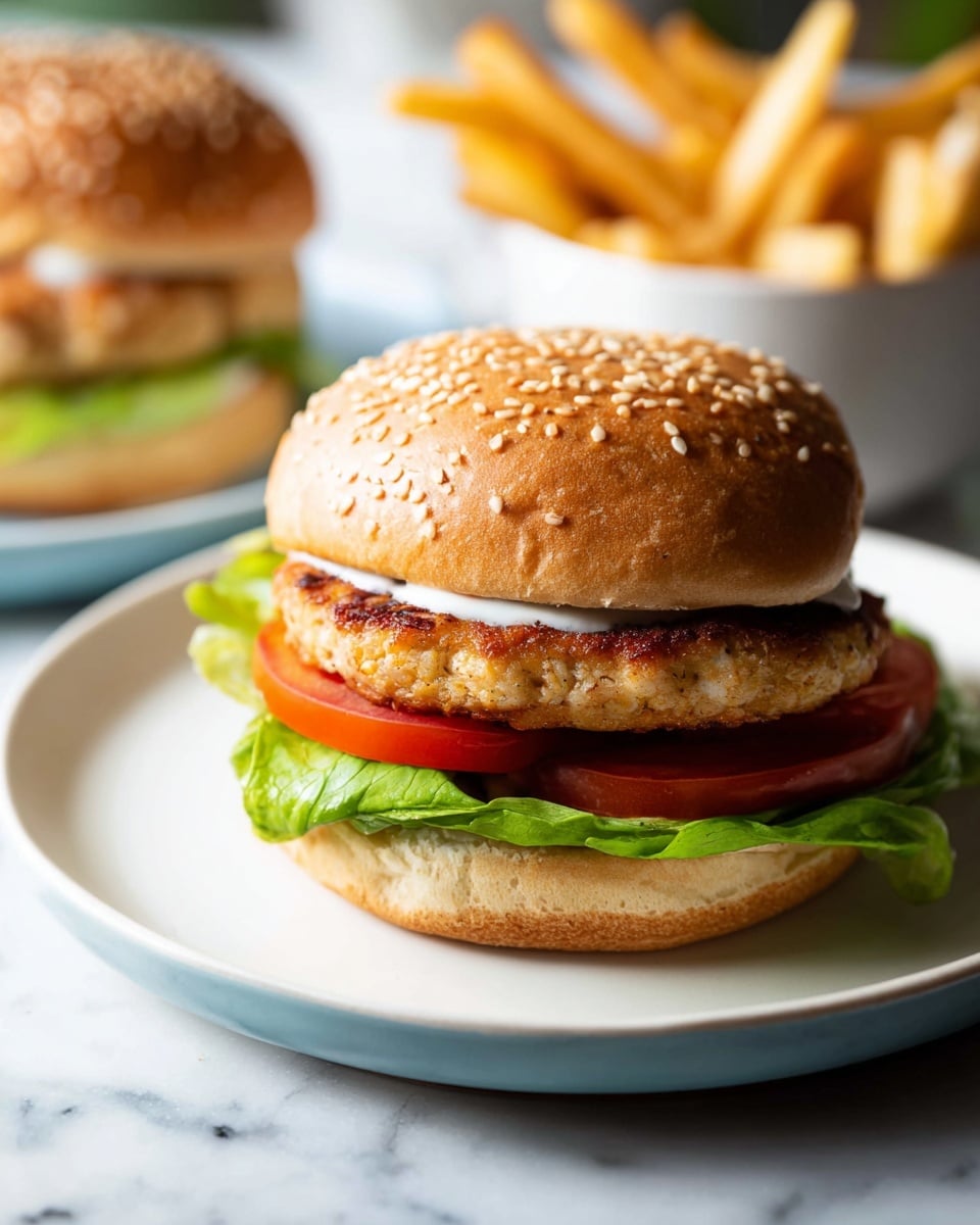A chicken sandwich on a light golden sesame seed bun sits on a white plate, with three clear layers visible: fresh green lettuce at the bottom, two red tomato slices in the middle, and a thick, browned chicken patty on top, finished with a small amount of white sauce under the top bun. In the background, there is a blurred white plate with another chicken sandwich and a bowl of golden brown French fries on a white marbled surface. photo taken with an iphone --ar 4:5 --v 7