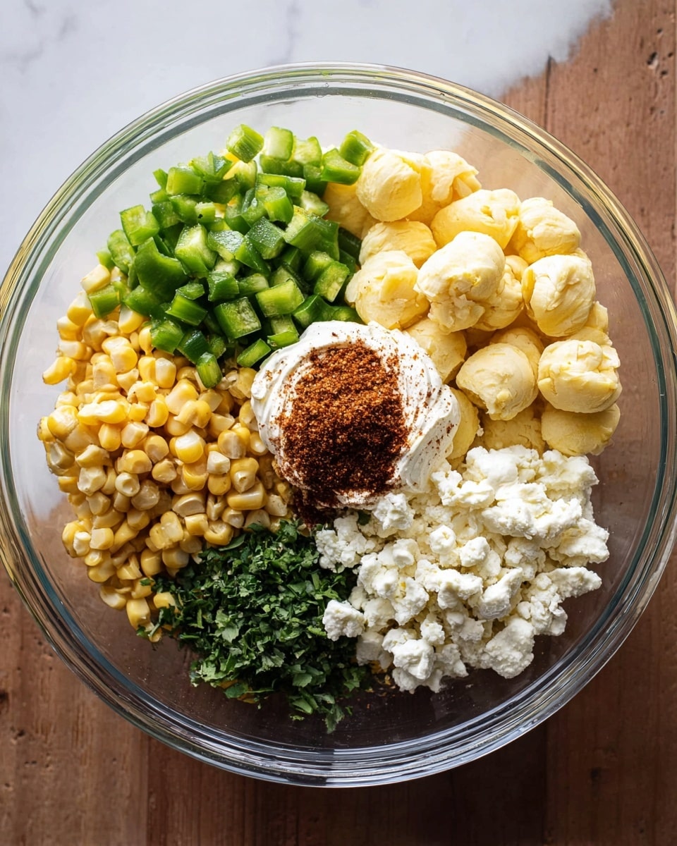A clear glass bowl holds six separate piles of ingredients over a white marbled surface: bright green diced peppers in the top left, light yellow balls of cheese at the top right, golden roasted corn kernels below the peppers, dark green chopped herbs next to the corn at the bottom left, crumbly white cheese at the bottom right, and a dollop of creamy white mayo just beneath the crumbly cheese; in the center of the bowl sits a small mound of reddish-brown spice next to some coarse salt crystals. photo taken with an iphone --ar 4:5 --v 7