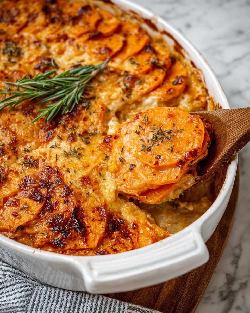 A white oval baking dish filled with a baked layered casserole featuring a golden brown and slightly crispy top layer of melted cheese with browned edges. Beneath the cheese, there are multiple layers of thin, soft orange slices of cooked sweet potato visible. The top layer is speckled with herbs, adding a touch of green. A wooden spoon scoops out a portion, revealing the dense textured layers inside. Fresh green rosemary sprigs decorate one corner of the dish, all set on a white marbled surface with a striped cloth partially visible in the background. Photo taken with an iphone --ar 4:5 --v 7