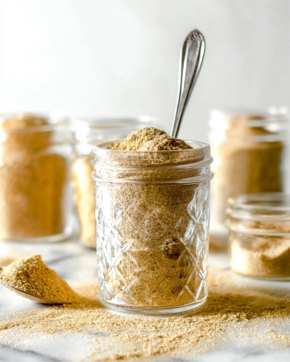 A clear glass jar filled fully with a light brown powder sits on a white marbled surface dusted with the same powder, forming a soft golden layer. A silver spoon is placed inside the jar, sticking out upwards. Around the main jar, there are three other similar clear glass jars in the background, each containing some of the powder in different amounts. The light brightens the scene, highlighting the texture of the powder and the diamond pattern on the glass jar. photo taken with an iphone --ar 4:5 --v 7
