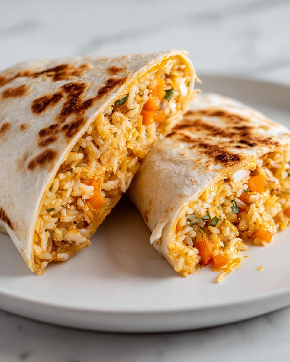 Two halves of a soft tortilla wrap are shown on a white plate, each filled with three visible layers: at the center, fluffy cooked rice mixed with small pieces of orange carrots and green herbs, surrounded by a layer of melted light orange cheese, and wrapped by a lightly toasted tortilla with golden brown spots. The wrap's texture is soft with some toasted marks, and the filling looks moist and slightly stringy from the cheese. The plate sits on a white marbled surface. photo taken with an iphone --ar 4:5 --v 7