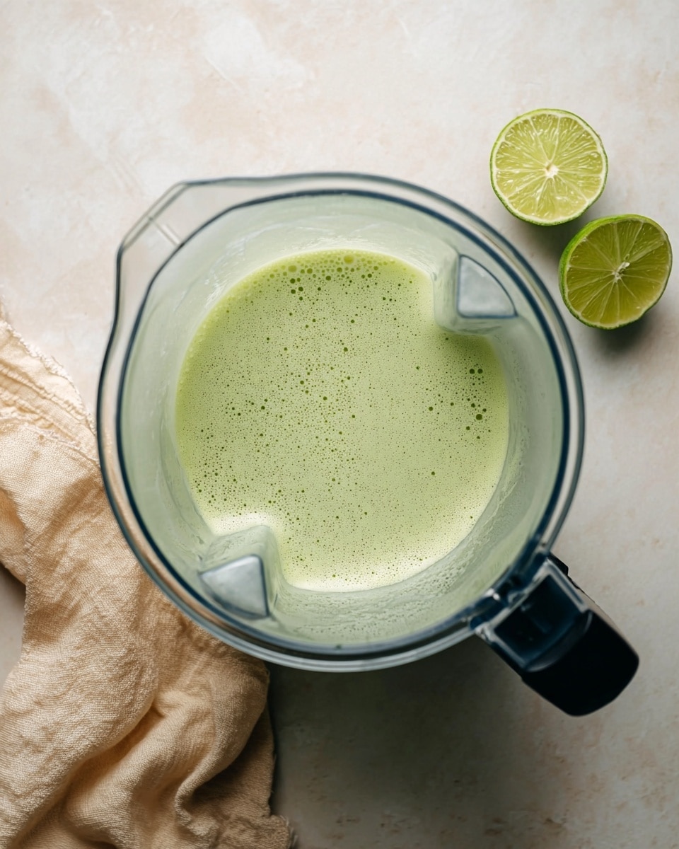 A clear blender jar is filled about halfway with a smooth, light green liquid that has some small bubbles on the surface. The jar is placed on a white marbled surface. Next to the blender on the right side are two halves of a lime, showing their light green inside. On the left side, there is a soft beige cloth with a slightly wavy edge. The blender jar has a black handle that is visible at the bottom right of the image. The light green liquid contrasts softly with the neutral tones around it. photo taken with an iphone --ar 4:5 --v 7